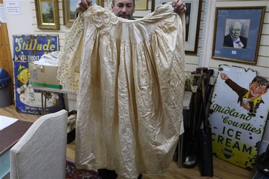 Two ornate babys 19th century christening capes, a silk and lace wedding train, waxed headdress and veil